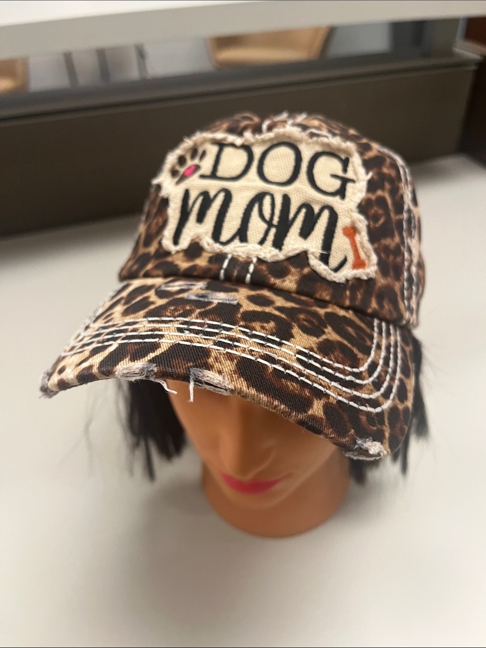 KBETHOS Leopard Print "Dog Mom" Distressed Baseball Cap - Brown